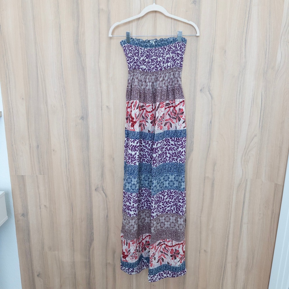 Womens Strapless‎ Patchwork Maxi Dress Medium Multicolor Smocked Boho Festival